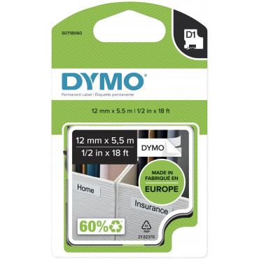 Dymo D1 tarrateippi 12 mm mu/va  pysyvä polyester | Toimistotukku Talka Oy