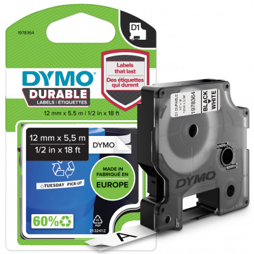 Dymo D1 Durable 12 mm x 5,5 M, musta / valkoisella | Toimistotukku Talka Oy